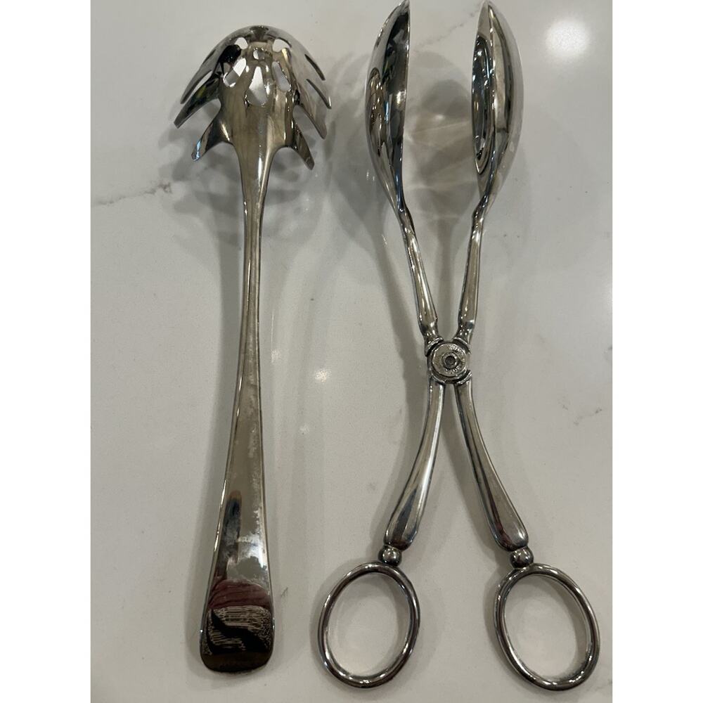 International Silver Silver Plated Set of 3 Serving Spoons Salad Tongs - Picture 6 of 16